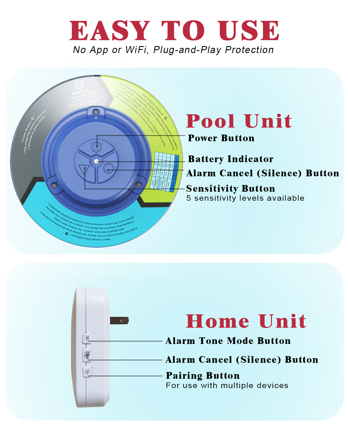 MINCOCO Floating Pool Alarm for InGround & AboveGround Pools – 110dB Ultra Loud, Adjustable Sensitivity, Covers up to 20×40ft – No WiFi Required, Simple & Reliable – Pool Safety for Children & Pets (Sea-Blue)