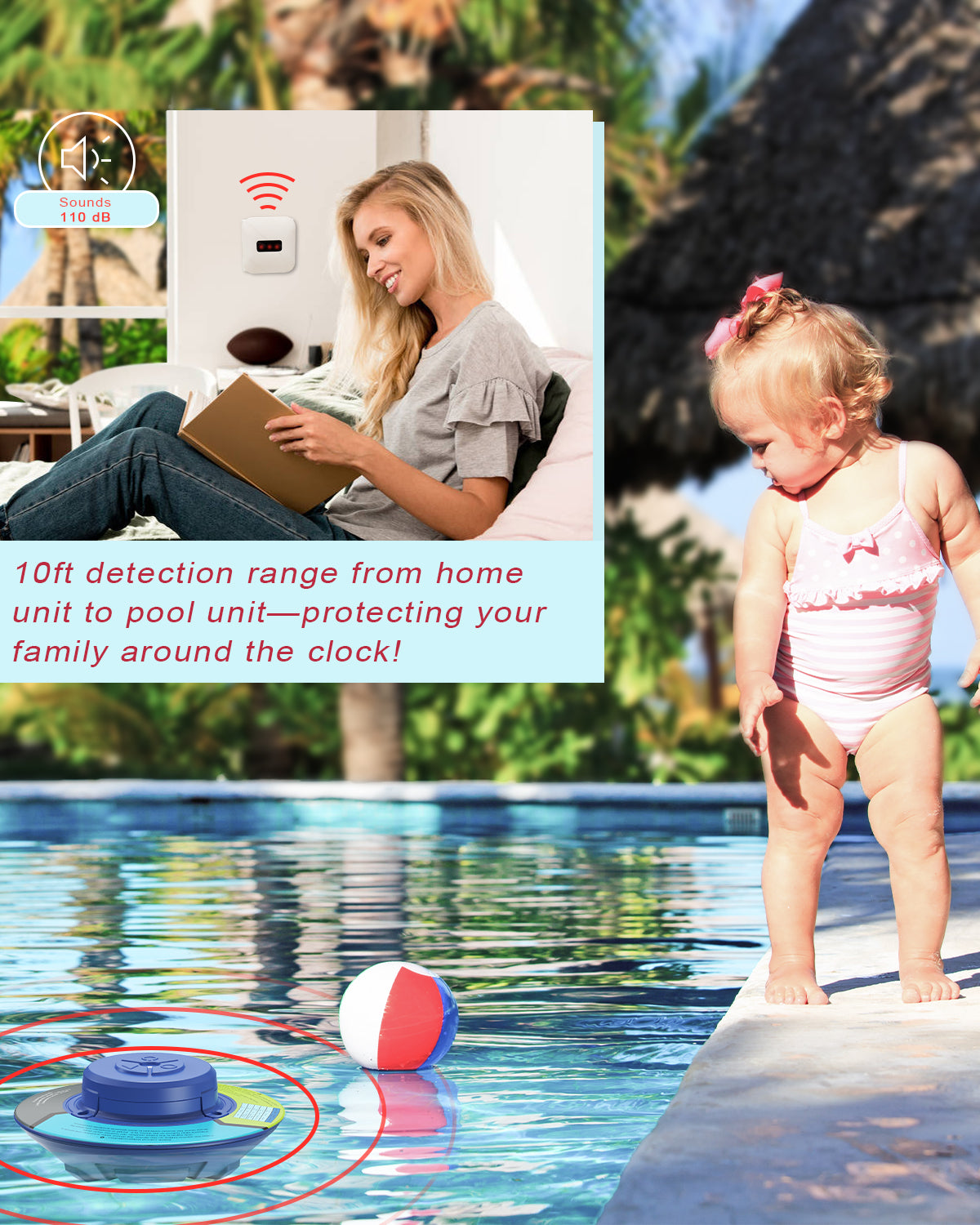 MINCOCO Floating Pool Alarm for InGround & AboveGround Pools – 110dB Ultra Loud, Adjustable Sensitivity, Covers up to 20×40ft – No WiFi Required, Simple & Reliable – Pool Safety for Children & Pets (Sea-Blue)