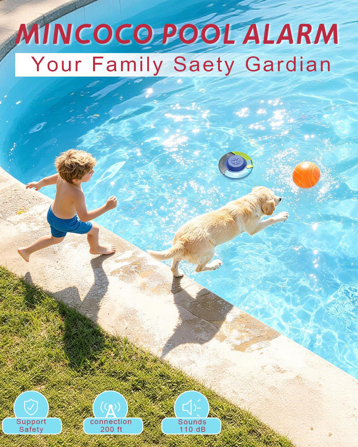MINCOCO Floating Pool Alarm for InGround & AboveGround Pools – 110dB Ultra Loud, Adjustable Sensitivity, Covers up to 20×40ft – No WiFi Required, Simple & Reliable – Pool Safety for Children & Pets (Sea-Blue)