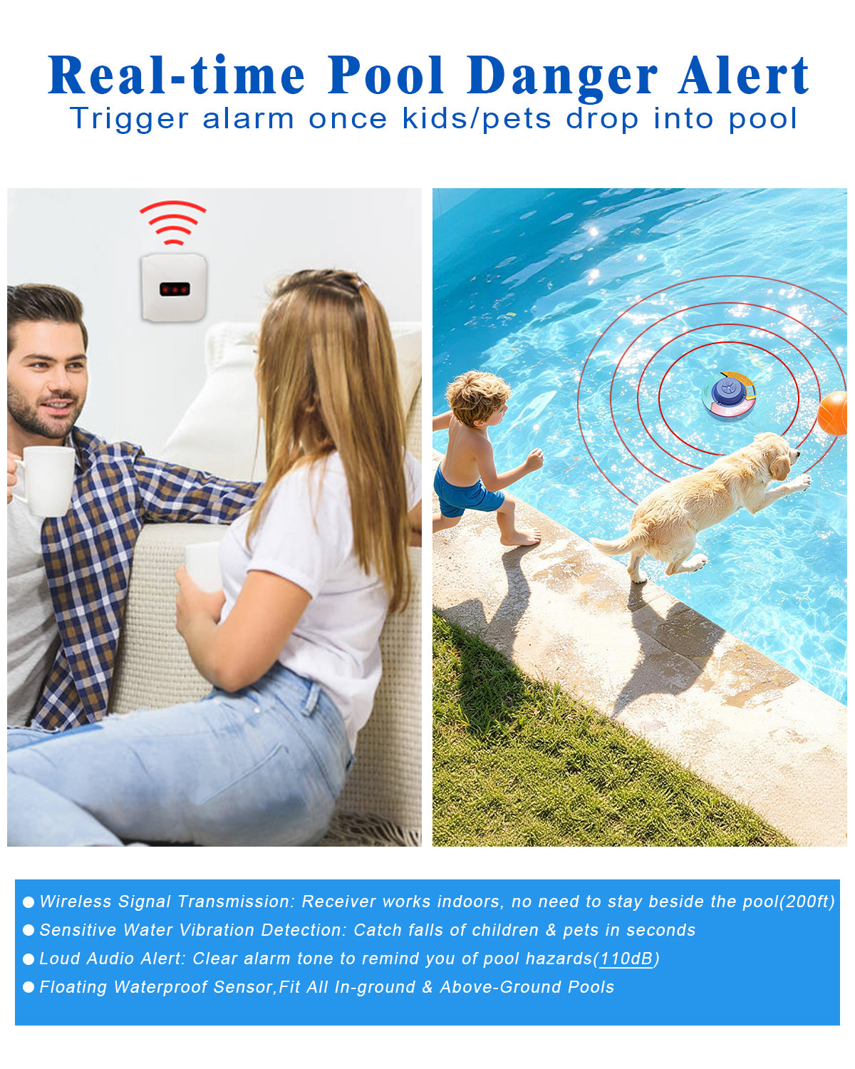 MINCOCO Pool Alarm for Inground & Above Ground Pools, Floating Pool Safety Alarm for Kids and Pets, No WiFi Needed, Smart Dynamic Wave Algorithm with 5 Sensitivity Levels – Simple, Efficient & Reliable (Blue)